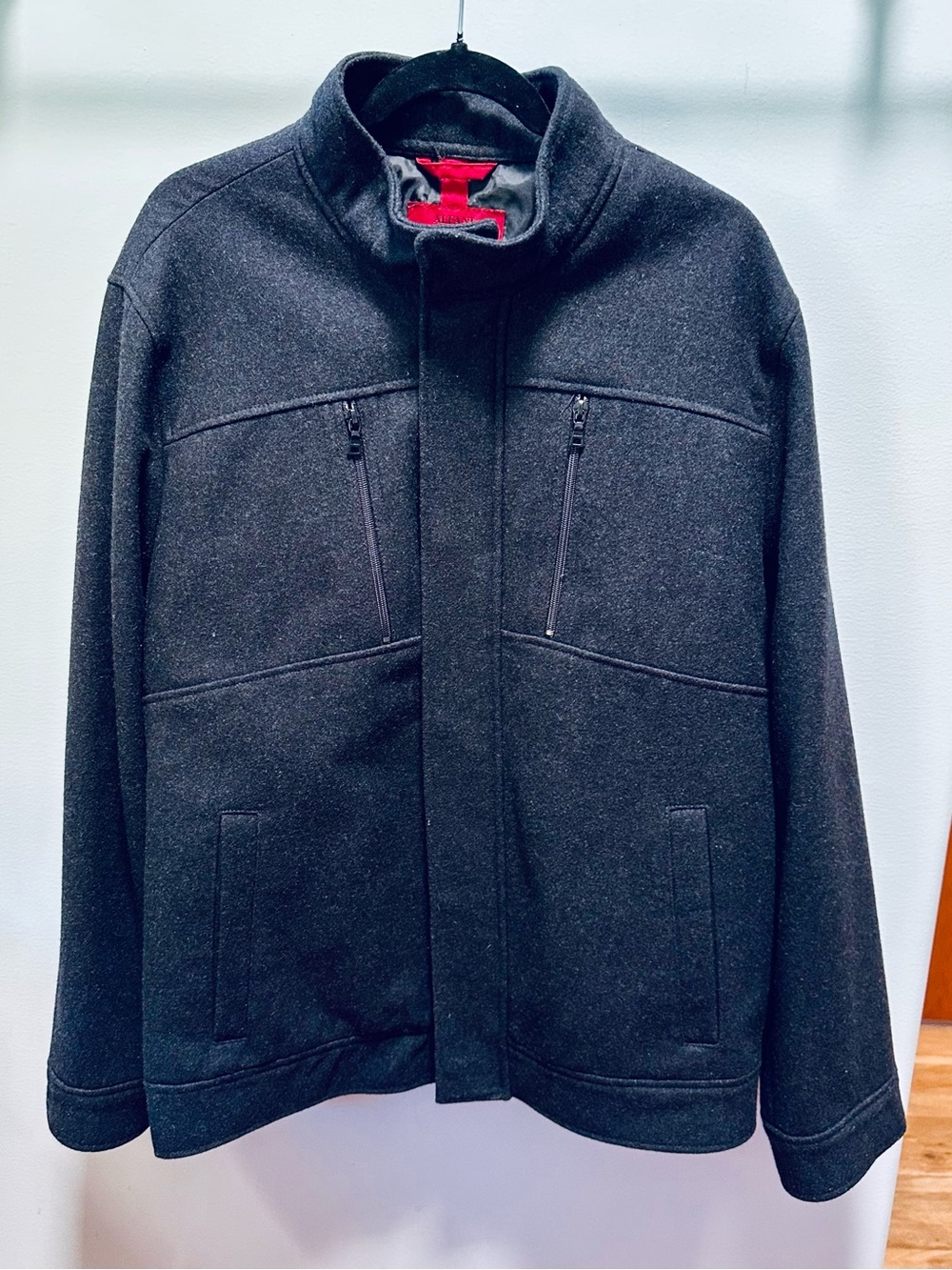 Alfani Fitted Men's XL Dark Charcoal Wool Zip Jacket w Stand Collar Poly Lining